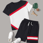 Boys Colourblock Tee &amp; Drawstring Waist Shorts Set