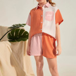 Girls Button Front Color Block Short Set