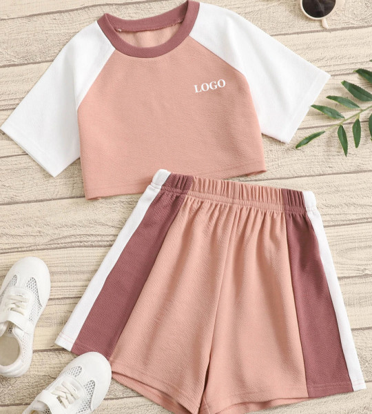 Girls Colorblock Raglan Sleeve Short Set