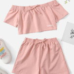 Girls Tie Front Off Shoulder Top &amp; Shorts Set