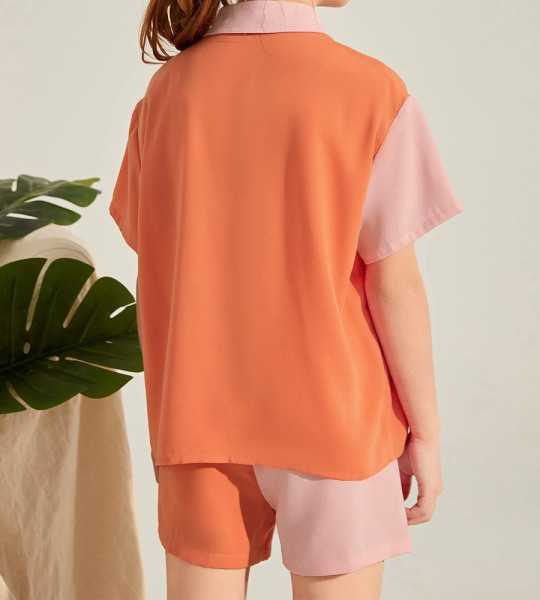 Girls Button Front Color Block Short Set