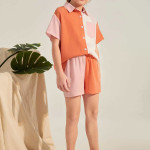 Girls Button Front Color Block Short Set