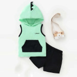 Baby Color Block Patched Kangaroo Pocket Hooded Tank Top With Shorts