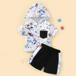 Baby Splash Ink Print Patched Pocket Hooded Tee &amp; Shorts