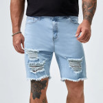 Men Ripped Frayed Raw Hem Bermuda Denim Shorts