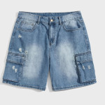 Men Ripped Flap Pocket Cargo Denim Shorts