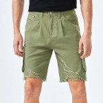 Men Flap Pocket Ripped Raw Cut Cargo Denim Shorts