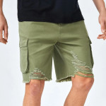 Men Flap Pocket Ripped Raw Cut Cargo Denim Shorts