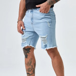 Men Ripped Frayed Raw Hem Bermuda Denim Shorts