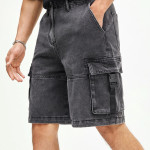 Men Buckle Detail Flap Pocket Side Denim Shorts