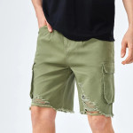 Men Flap Pocket Ripped Raw Cut Cargo Denim Shorts